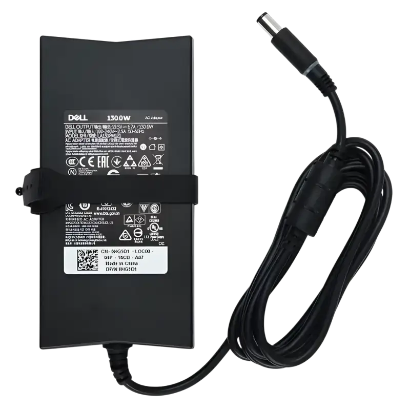 Dell 130W AC adapter with a sleek design and power cord for reliable charging