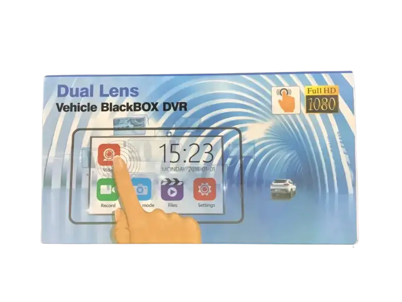 Dual Lens Vehicle Black Box DVR packaging showing touchscreen interface and full HD features