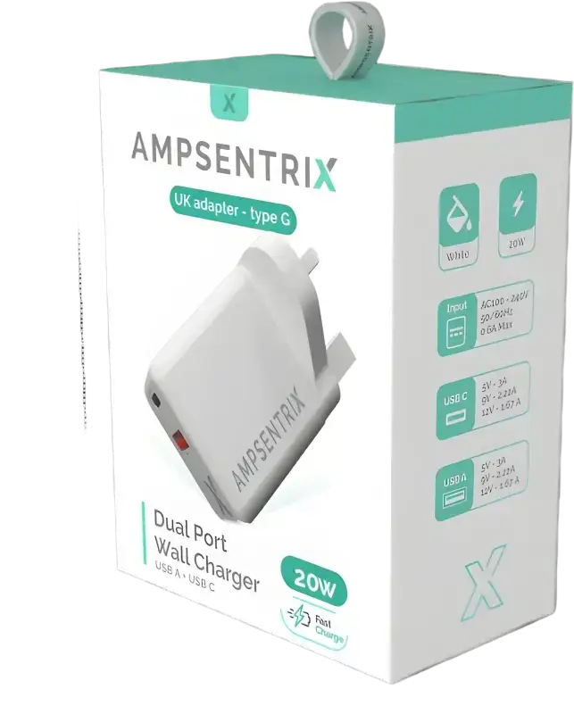 Ampsentrix Dual Port Wall Charger UK with USB A and USB C for fast charging devices