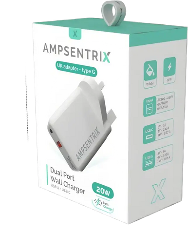 Ampsentrix Dual Port Wall Charger UK with USB A and USB C for fast charging devices