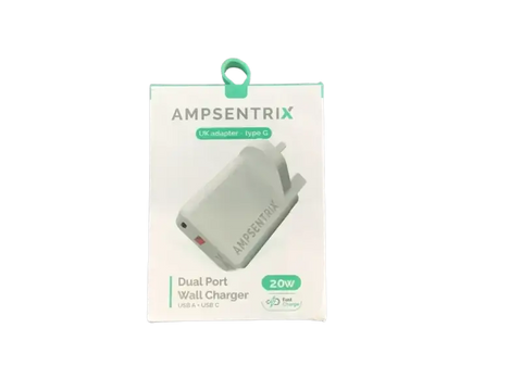 Ampsentrix Dual Port Wall Charger UK with USB A and USB C for fast charging devices