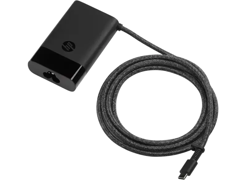 HP USB-C 65W laptop charger with a braided cable for reliable charging and durability