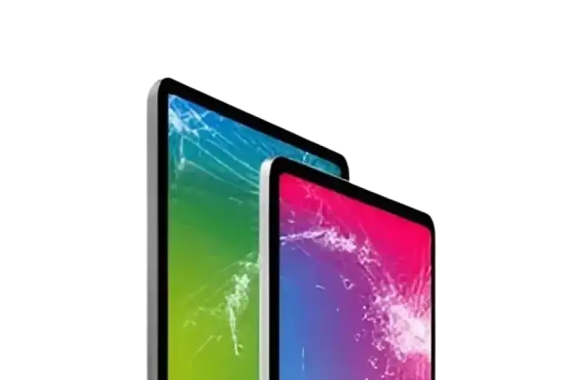 iPad Pro screen repair service showcasing two iPads with cracked screens in vibrant colors