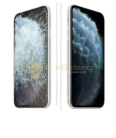 iPhone 11 Pro Max OLED screen replacement showcasing cracked and repaired displays side by side