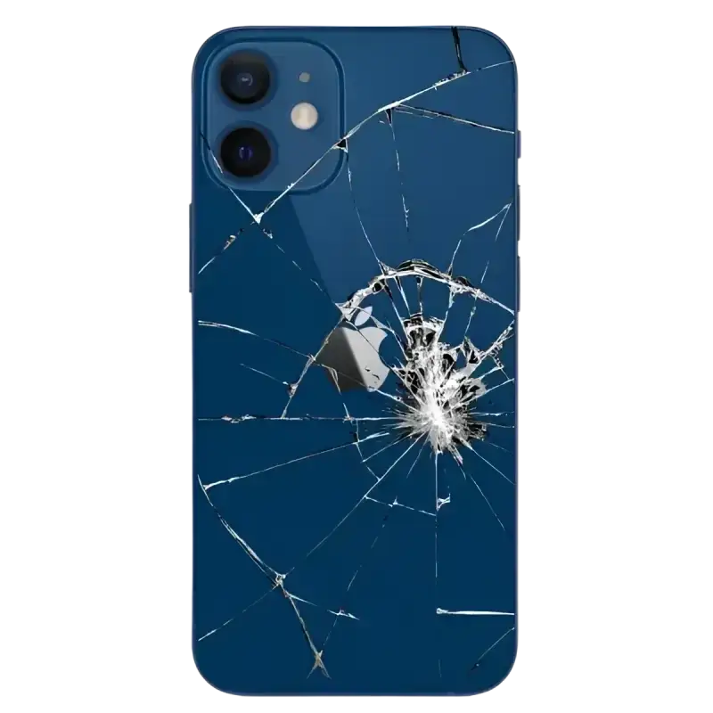 Damaged blue iPhone with cracked back glass, ideal for iPhone back glass repair service.