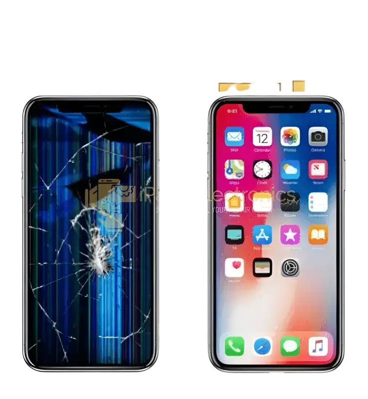 iPhone screen replacement budget showing damaged and repaired screens side by side from iPace Electronics