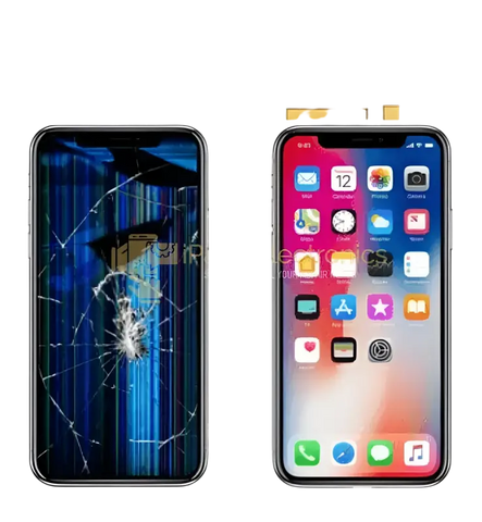 iPhone screen replacement budget showing damaged and repaired screens side by side from iPace Electronics