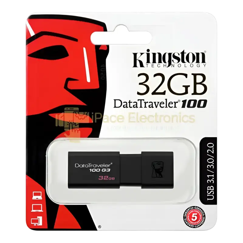 Kingston 32GB USB 3.0 flash drive packaged in retail display with bold design and product details