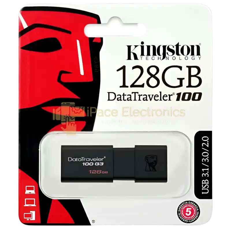 Kingston DataTraveler 100 G3 128GB USB 3.0 in packaging with iconic design and USB specifications