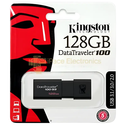 Kingston DataTraveler 100 G3 128GB USB 3.0 in packaging with iconic design and USB specifications