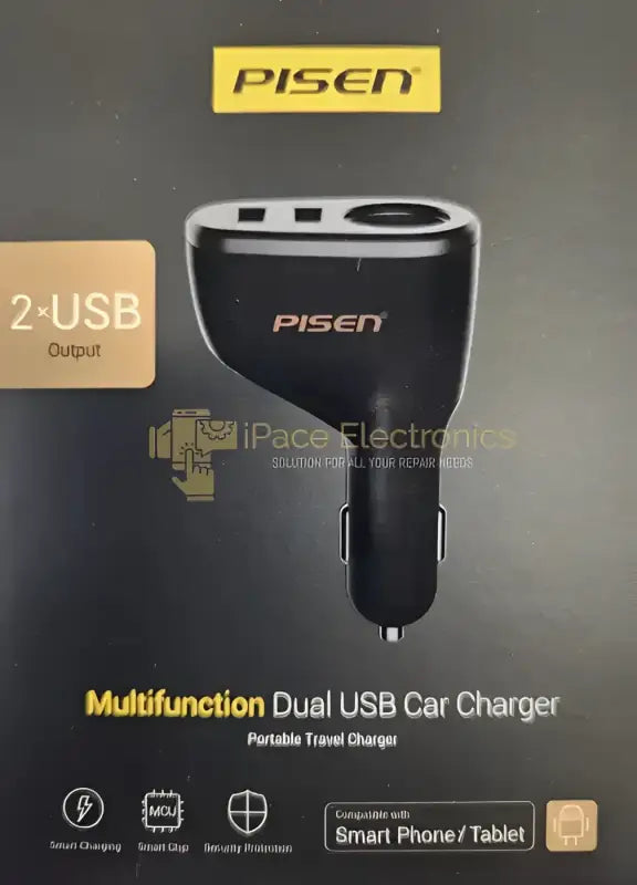 Pisen Multifunction dual USB car charger with two USB outputs for convenient on-the-go charging