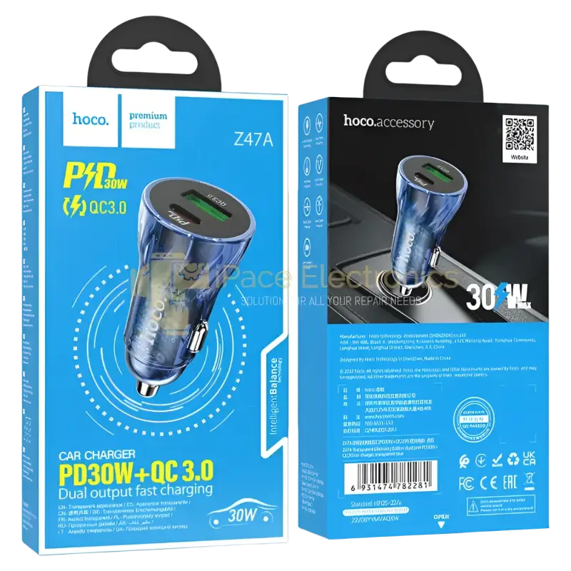 IPace Electronics PD30W car charger with dual output fast charging capabilities in packaging