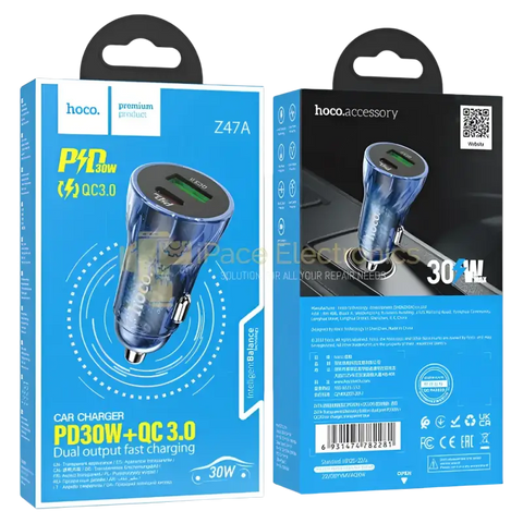 IPace Electronics PD30W car charger with dual output fast charging capabilities in packaging