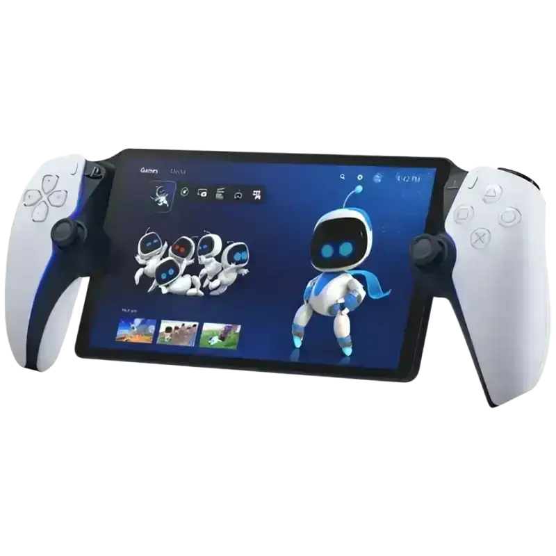 White and black playstation portal remote player handheld device with touchscreen and dualsense wireless controller for gaming immersion