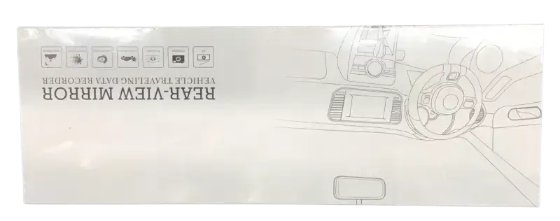 IPace Electronics rear view mirror dash cam packaging showing features and camera display