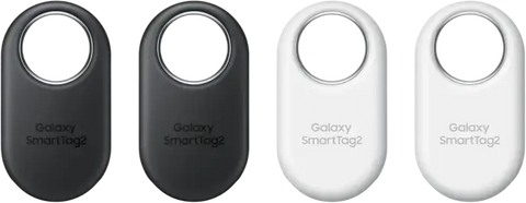 Samsung Galaxy SmartTag2 4 pack featuring two black and two white tracking devices