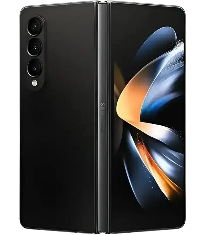 Black samsung galaxy z fold4 foldable smartphone back view with glossy finish and triple camera in fair condition to enjoy innovative flexibility