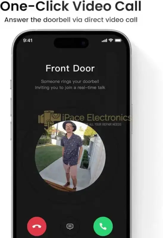 Wireless doorbell camera with chime displaying a live video call of a person at the front door