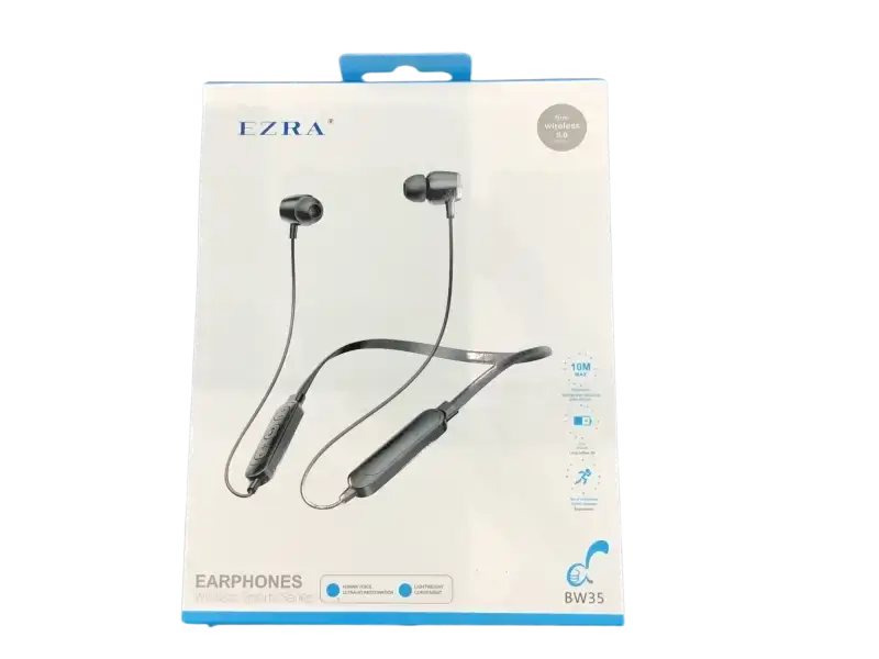 Ezra wireless sports earphones in packaging showcasing sleek design and features for active users