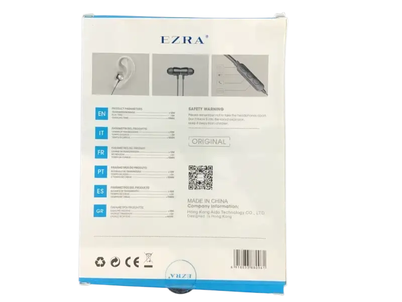 Back packaging of Ezra wireless sports earphones showing safety warnings and product information