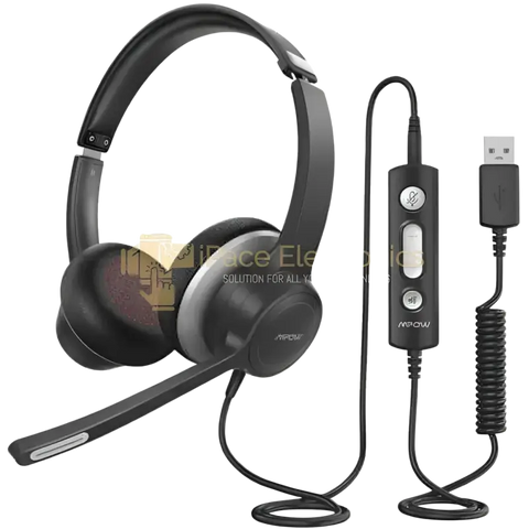 Mpow HC6 headset with noise reduction microphone in black with packaging for computer use