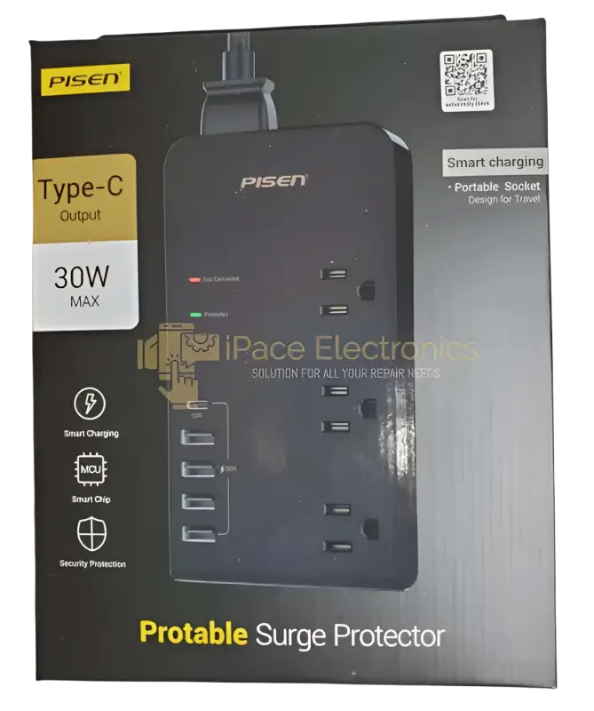 Pisen Portable Surge Protector with USB Ports and Type-C Output for safe device charging