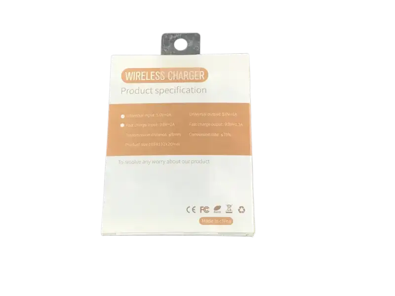 Back of IPace Electronics Qi wireless charger packaging with product specifications and certifications