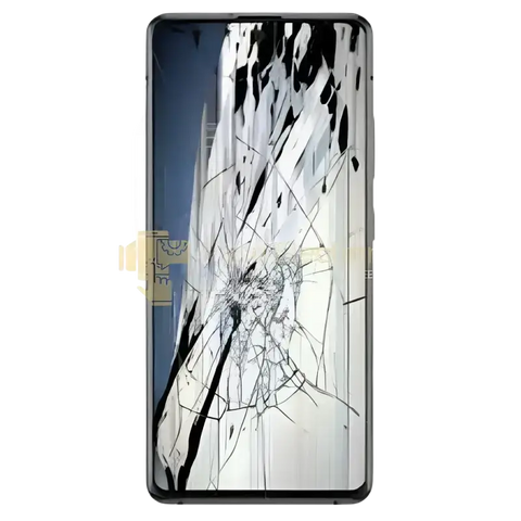 Technician holding a Samsung Galaxy A screen replacement in a repair workshop with tools