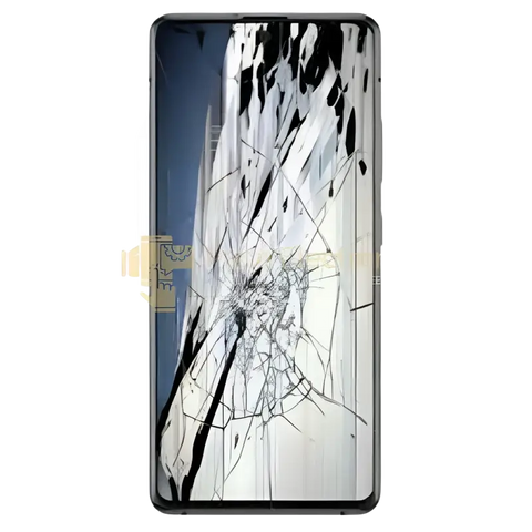 Technician holding a Samsung Galaxy A screen replacement in a repair workshop with tools