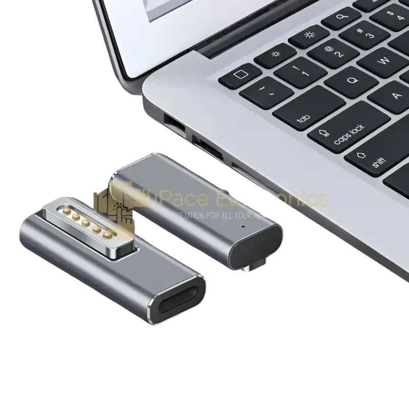 iPace Electronics Type C to Magsafe 2 adapter connected to a laptop for seamless charging