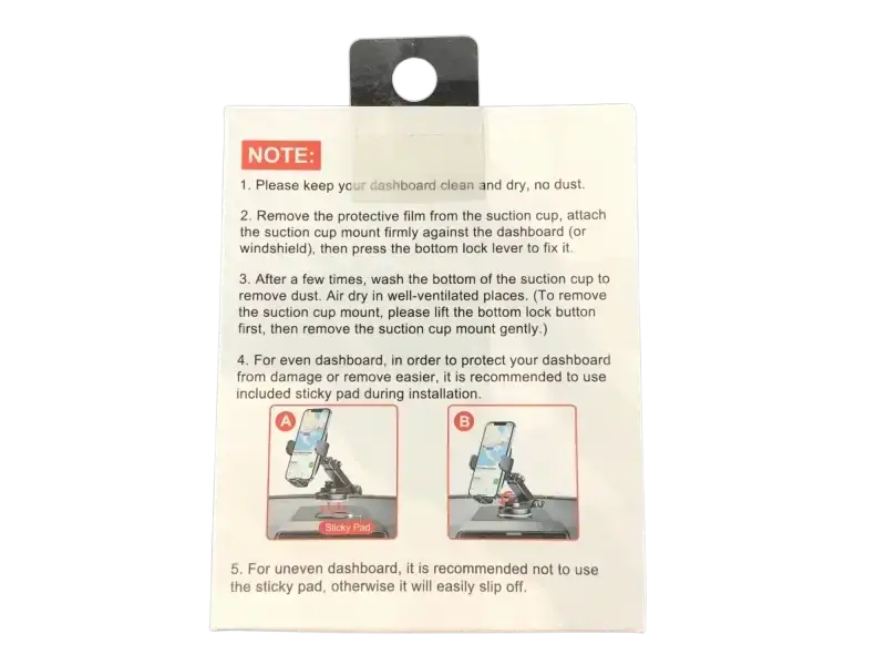 Universal car phone holder installation guide with instructions and suction cup details