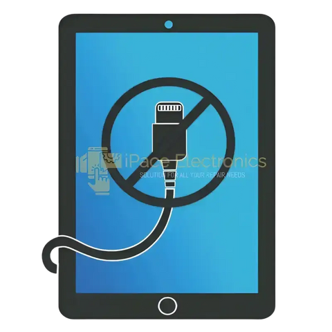 iPad charging port repair graphic showing a crossed-out charging cable on a blue background