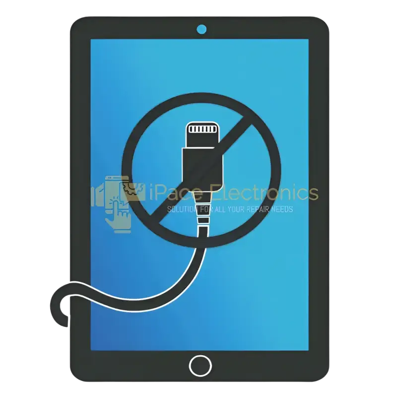 iPad charging port repair graphic showing a crossed-out charging cable on a blue background