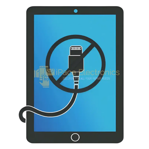 iPad charging port repair graphic showing a crossed-out charging cable on a blue background