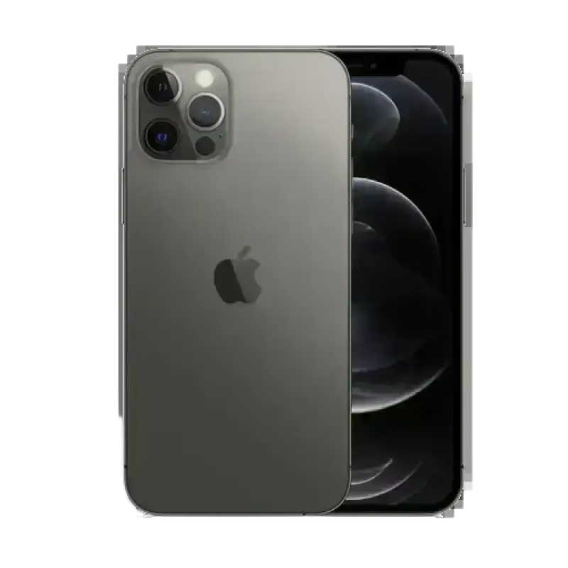 Space gray apple iphone 12 pro max 128gb back view with triple-lens camera system and sleek glass back showing light signs