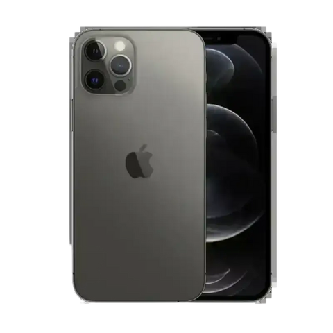 Space gray apple iphone 12 pro max 128gb back view with triple-lens camera system and sleek glass back showing light signs