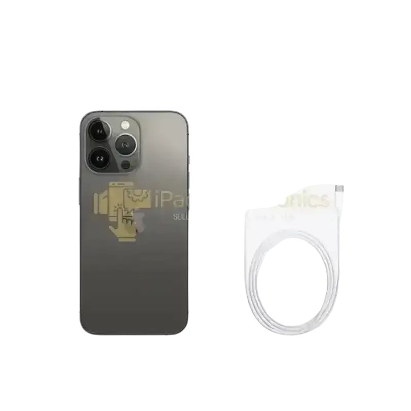 Gray apple iphone 13 pro back with gold camera module and white charging cable for pro max 128gb light signs use
