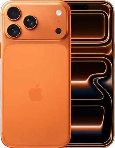 Orange iphone 13 pro back with triple-camera system and matte finish featured in iphone 17 pro max unlocked super retina oled display box