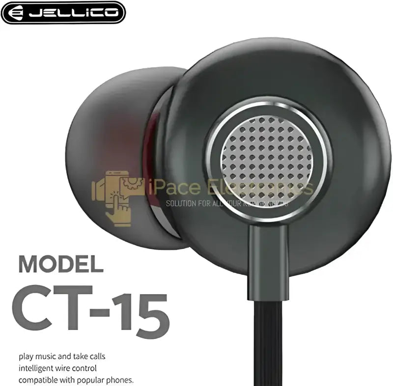 Jellico CT-15 headphones with in-ear design for music and calls, compatible with popular phones