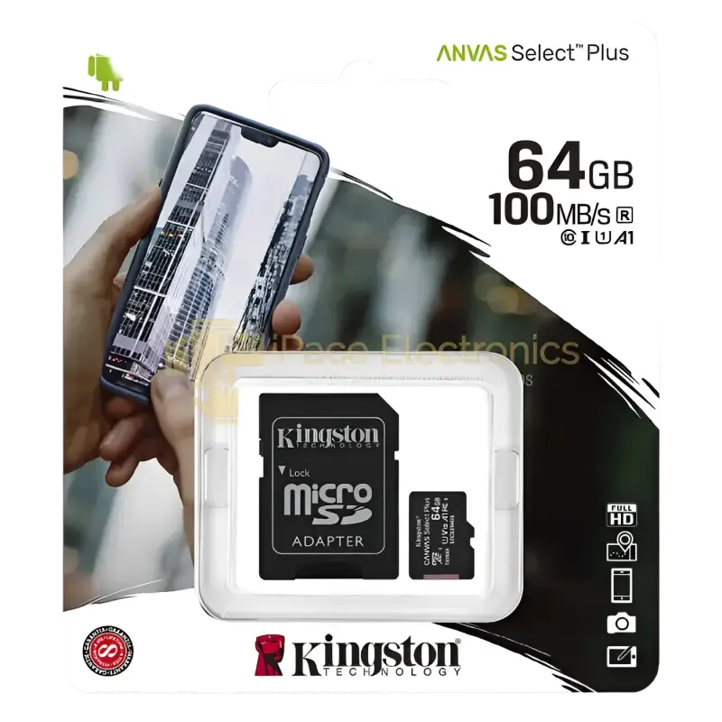 Kingston 64GB micro SD card with adapter for fast data storage and transfer up to 100MB/s