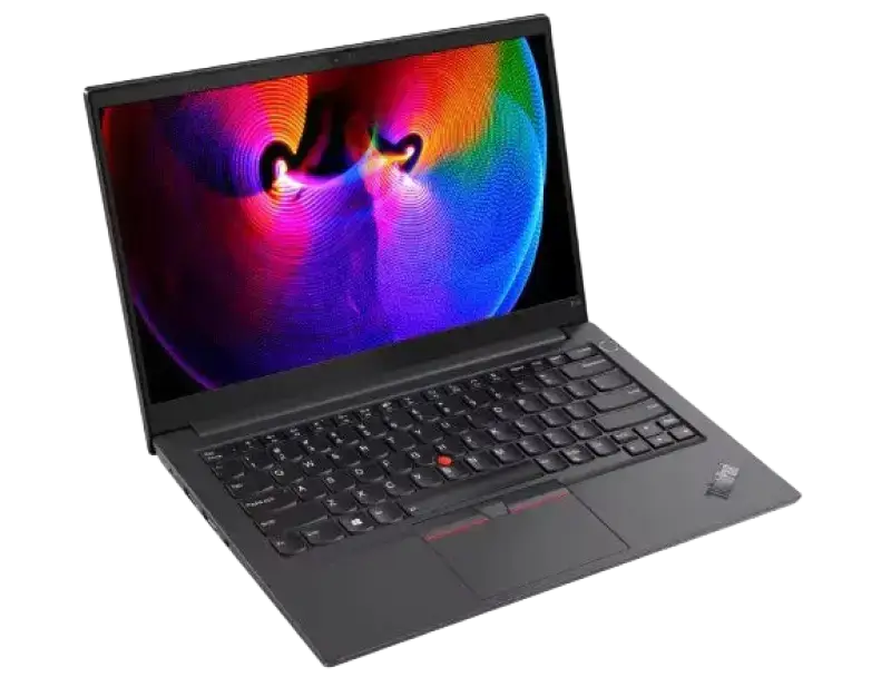 Black lenovo thinkpad e14 laptop with i5-1165g7, 16gb ram, 256gb ssd, and colorful abstract wallpaper on screen