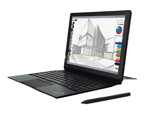 Lenovo X1 2 in 1 laptop tablet with touchscreen displaying a sketch and stylus for creative tasks