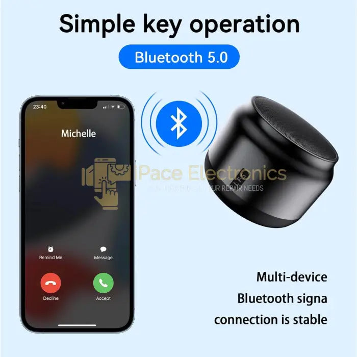 Smartphone displaying incoming call screen with Bluetooth 5.0 symbol beside black wireless earbud highlighting simple key operation and multi-device stable connection.