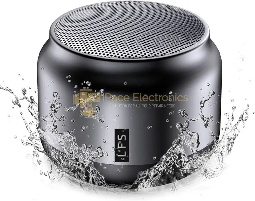 LFS mini Bluetooth speaker portable and waterproof, showcased with splashing water, emphasizing its outdoor use and durability.