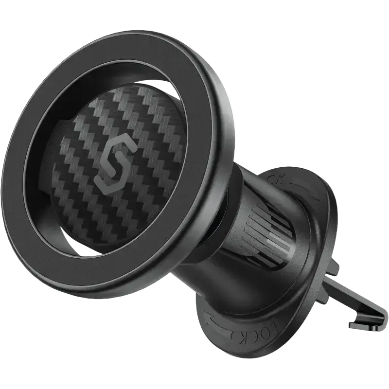 Black carbon fiber pattern syncwire magsafe car vent mount with flexible rotation and branded s logo for hands free use