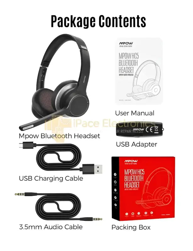 Package contents for Mpow HC5 Bluetooth headset including user manual, USB adapter, and charging cable