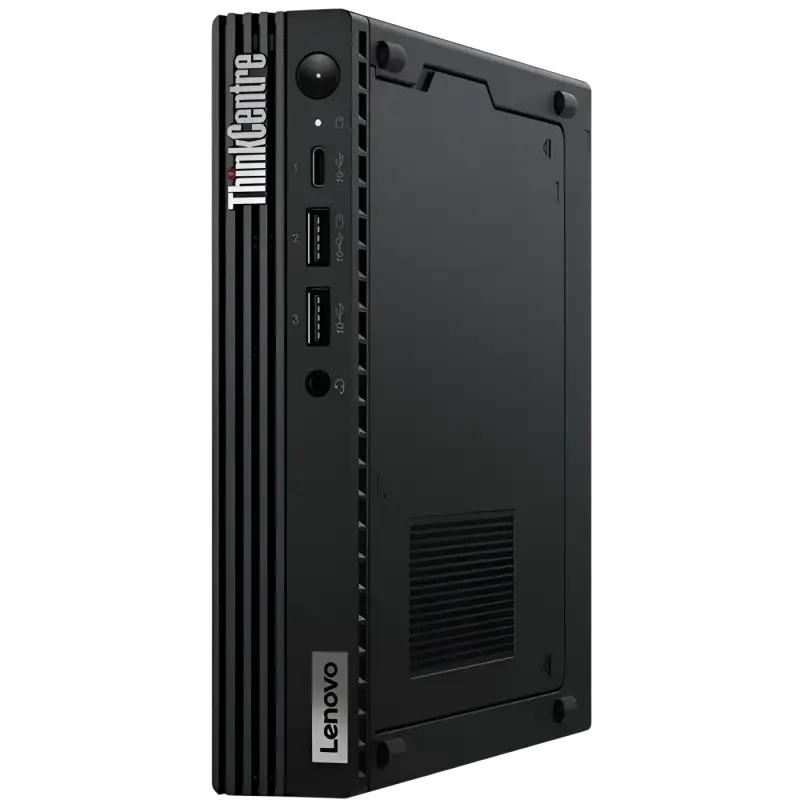 Black lenovo thinkcentre m90q gen 3 desktop with vertical vents and multiple usb ports featuring core i5-12500t vpro