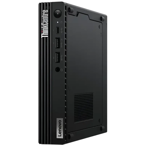 Black lenovo thinkcentre m90q gen 3 desktop with vertical vents and multiple usb ports featuring core i5-12500t vpro