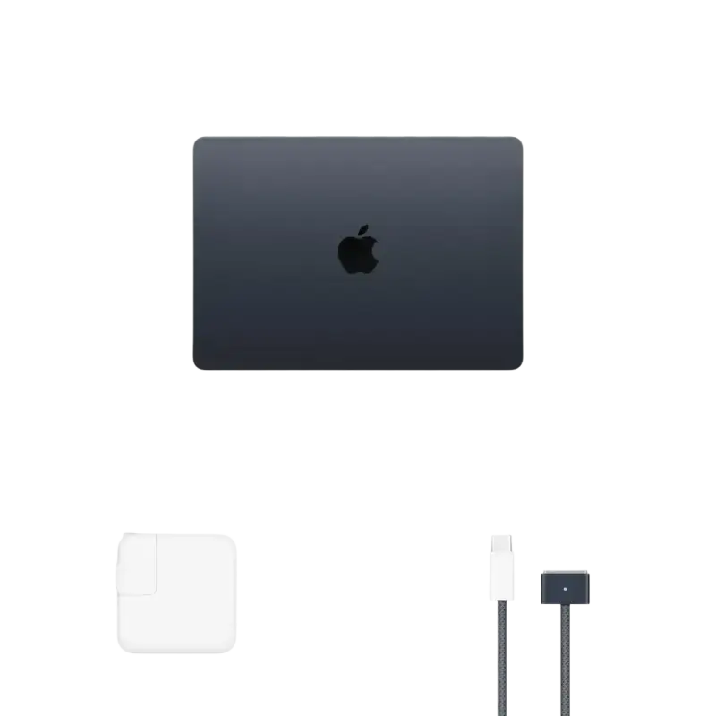 Open Box MacBook Air M3 13.6 Inch - iPace Electronics with charger and cable on a minimalistic background.