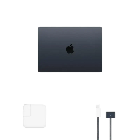 Open Box MacBook Air M3 13.6 Inch - iPace Electronics with charger and cable on a minimalistic background.